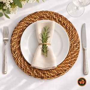 Sousplat de rattan antigo sob prato branco com guardanapo de linho e alecrim