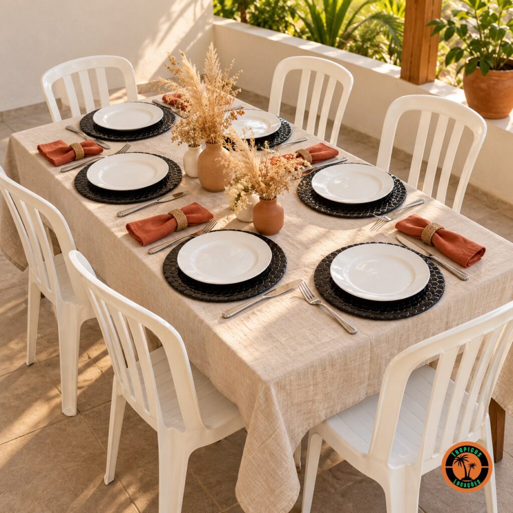 Mesa com sousplats escamados preto, guardanapos terracota e cadeiras plásticas brancas