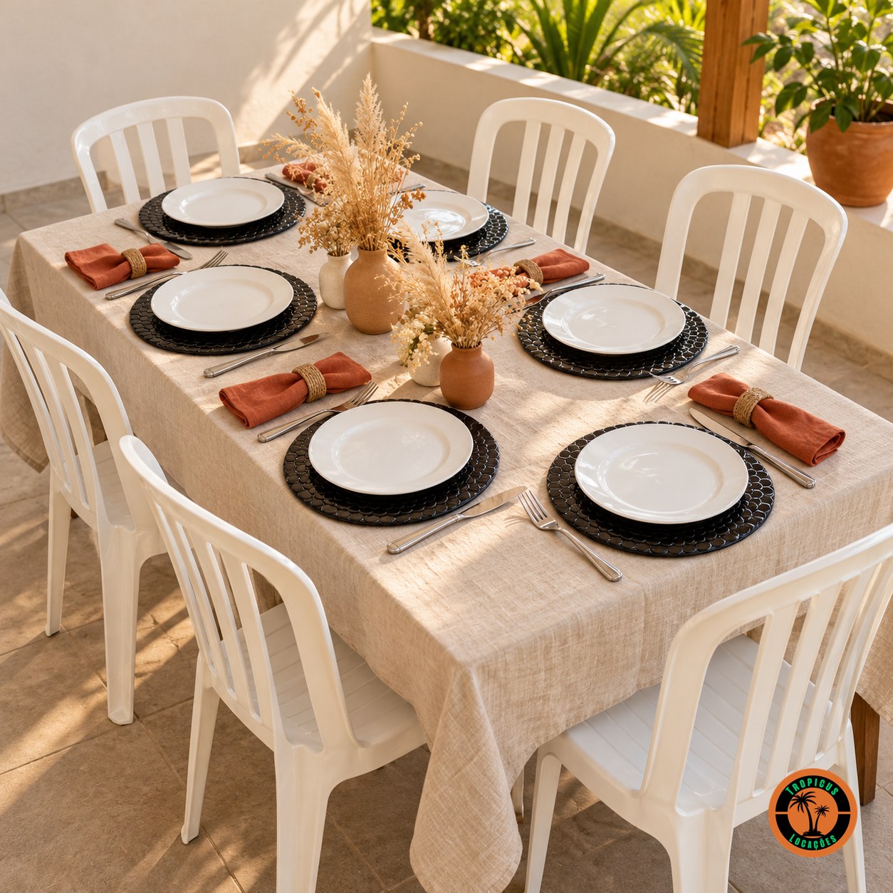 Mesa com sousplats escamados preto, guardanapos terracota e cadeiras plásticas brancas