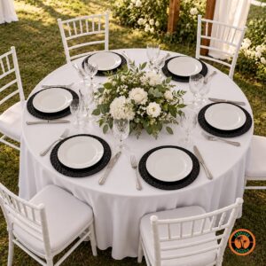 Mesa redonda de casamento com sousplats escamados preto e cadeiras Tiffany brancas