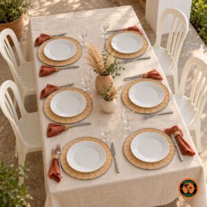 Mesa com sousplats de rattan claro com inox, guardanapos terracota e cadeiras plásticas brancas