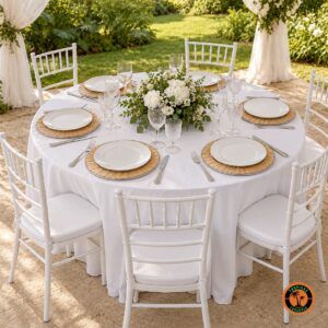 Mesa redonda de casamento com sousplats de rattan claro com inox e cadeiras Tiffany brancas