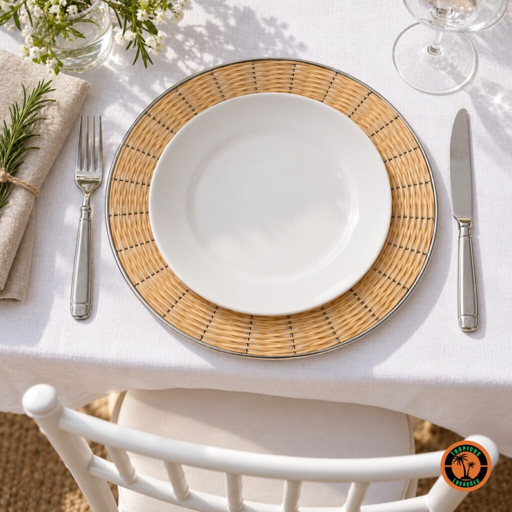 Sousplat de rattan claro com inox sob prato branco com talheres prata