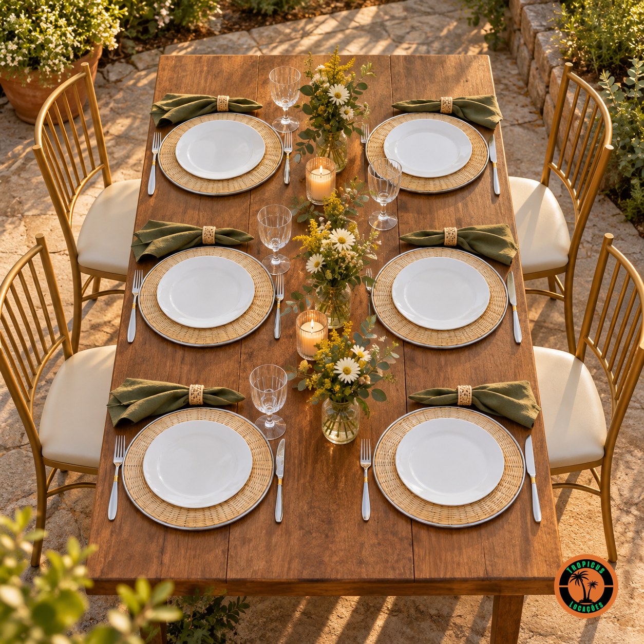 Mesa rústica com sousplats de rattan claro com inox e cadeiras Tiffany douradas