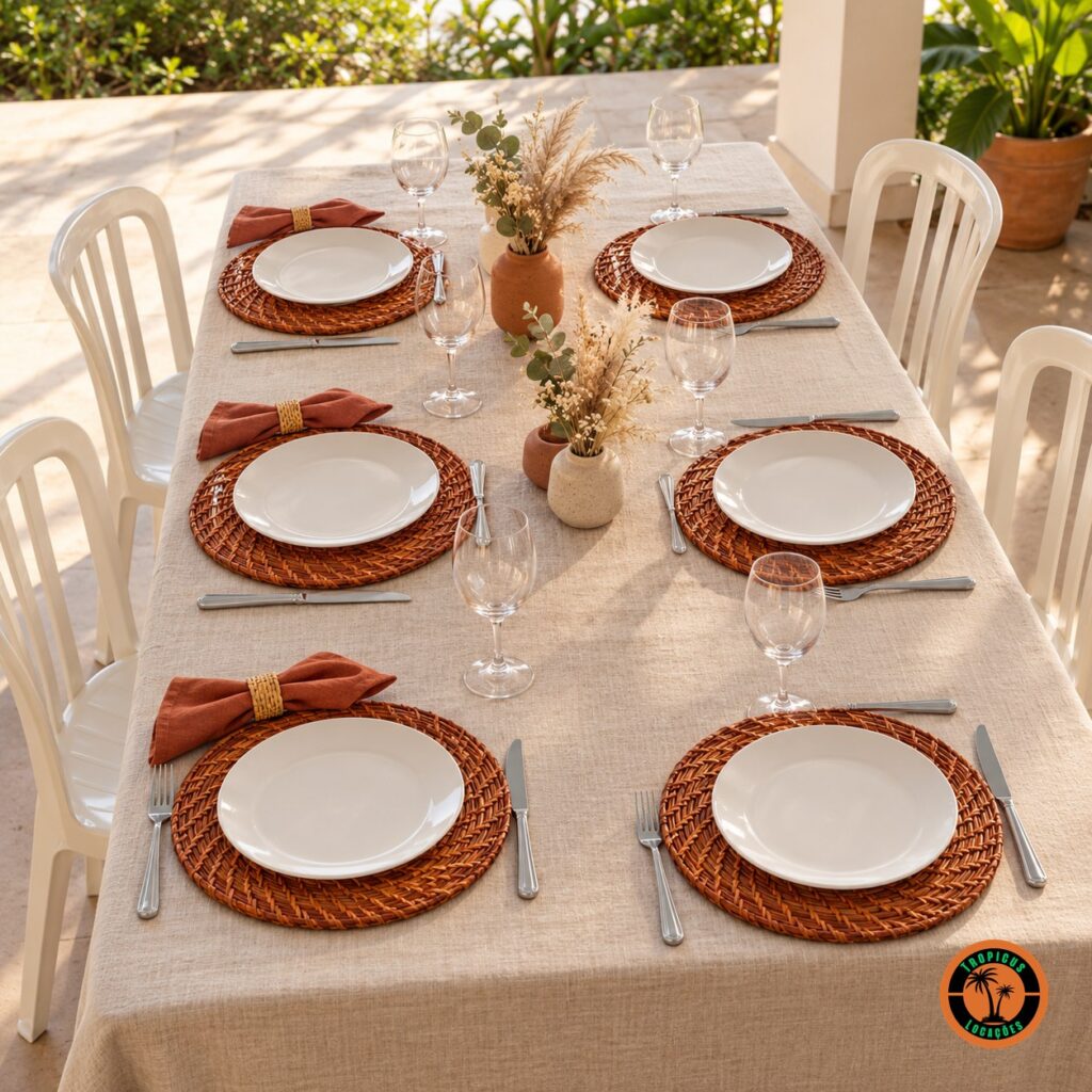 Mesa com sousplats de rattan envernizado, guardanapos terracota e cadeiras plásticas brancas