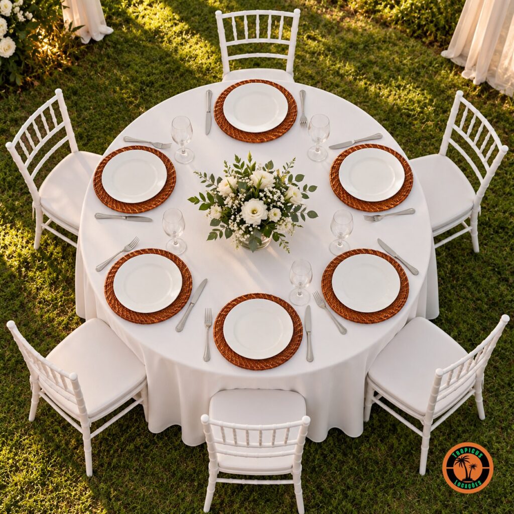 Mesa redonda de casamento com sousplats de rattan envernizado e cadeiras Tiffany brancas