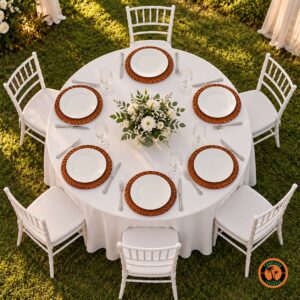 Mesa redonda de casamento com sousplats de rattan envernizado e cadeiras Tiffany brancas