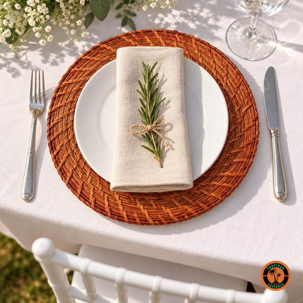 Sousplat de rattan envernizado sob prato branco com guardanapo de linho e alecrim