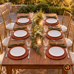 Mesa rústica com sousplats de rattan envernizado e cadeiras Tiffany douradas
