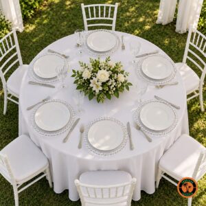 Mesa redonda de casamento com sousplats de cristal e cadeiras Tiffany brancas