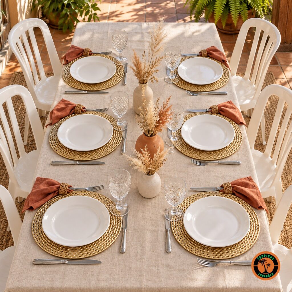 Mesa com sousplats dourados foscos, guardanapos terracota e cadeiras plásticas brancas