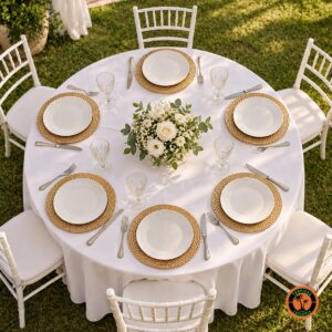 Mesa redonda de casamento com sousplats dourados foscos e cadeiras Tiffany brancas