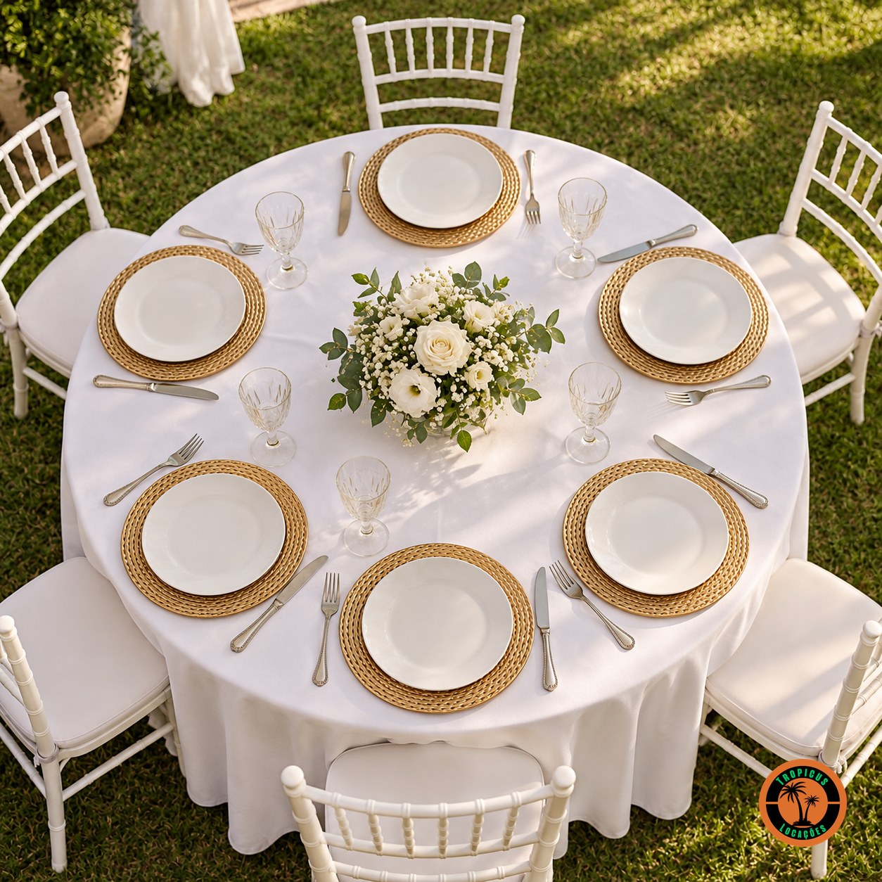 Mesa redonda de casamento com sousplats dourados foscos e cadeiras Tiffany brancas