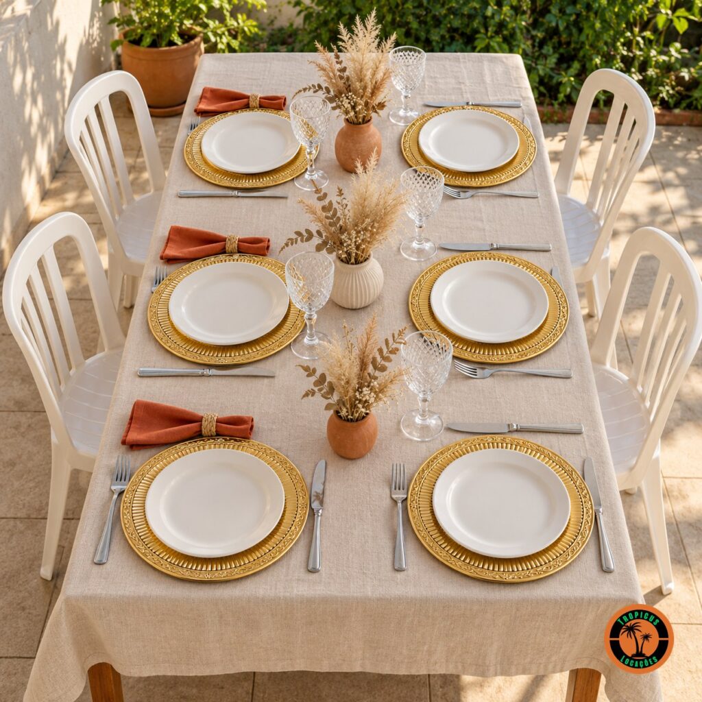 Mesa com sousplats dourados com frisos, guardanapos terracota e cadeiras plásticas brancas