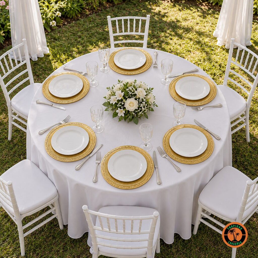 Mesa redonda de casamento com sousplats dourados com frisos e cadeiras Tiffany brancas