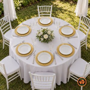Mesa redonda de casamento com sousplats dourados com frisos e cadeiras Tiffany brancas