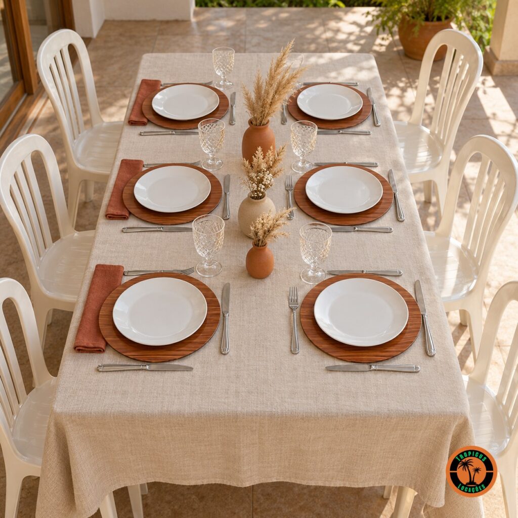 Mesa com sousplats laminados amadeirados, guardanapos terracota e cadeiras plásticas brancas