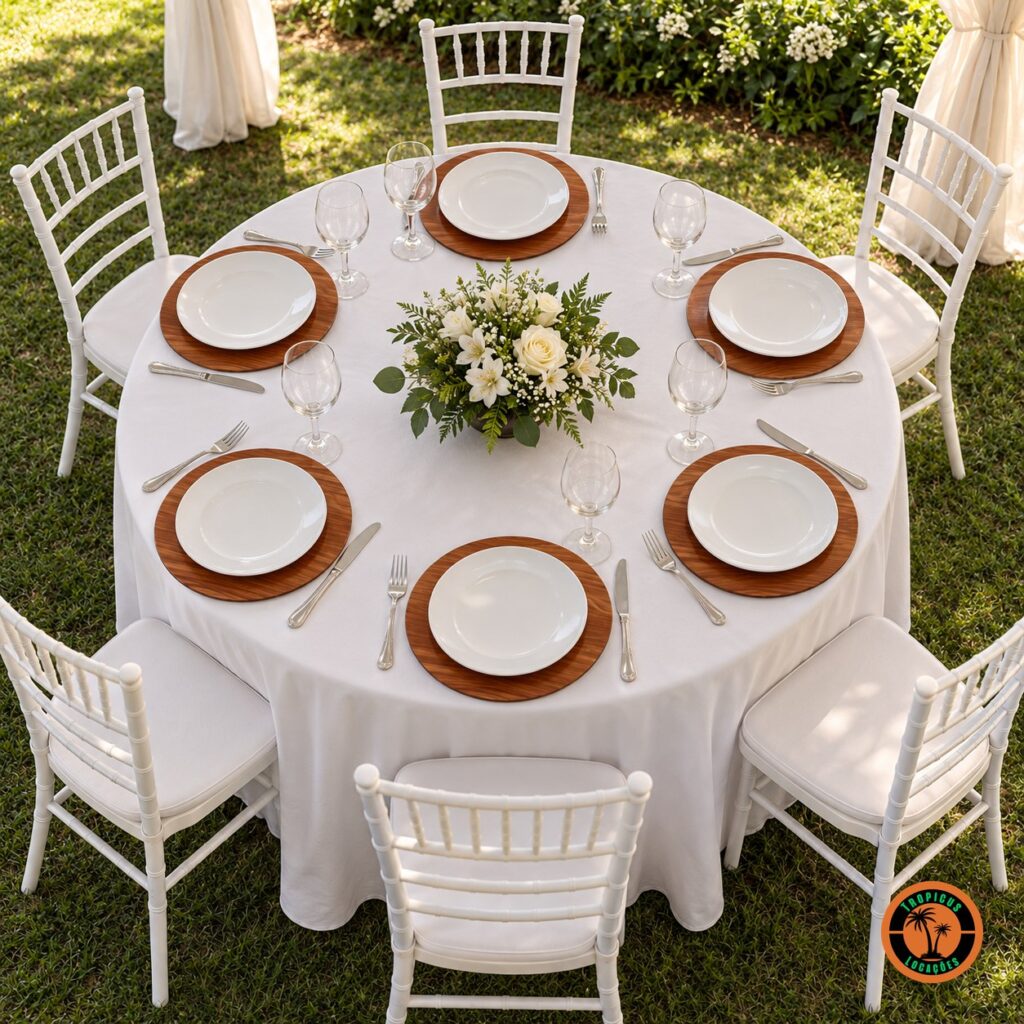 Mesa redonda de casamento com sousplats laminados amadeirados e cadeiras Tiffany brancas