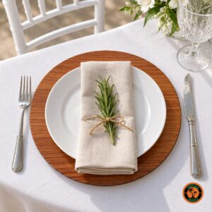 Sousplat laminado amadeirado sob prato branco com guardanapo de linho e alecrim