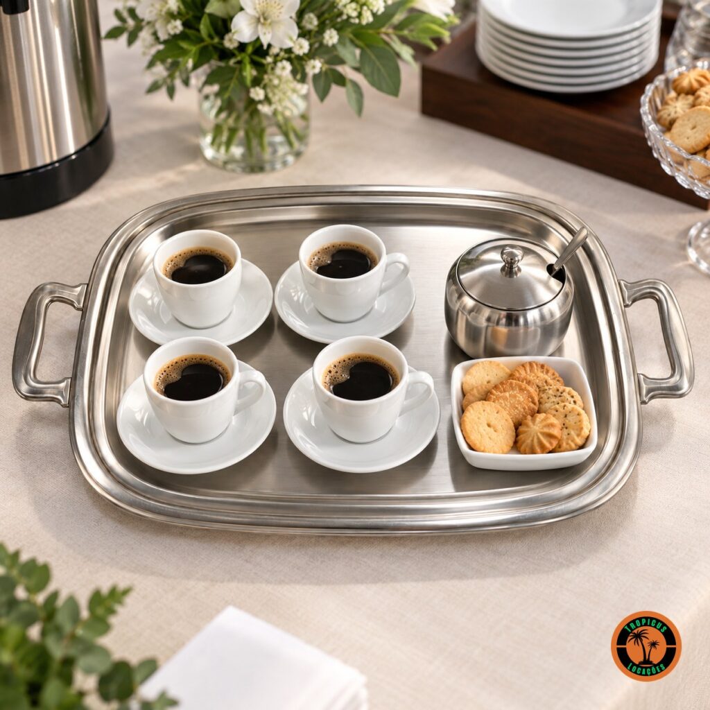 Bandeja retangular de inox com xícaras de café e biscoitos