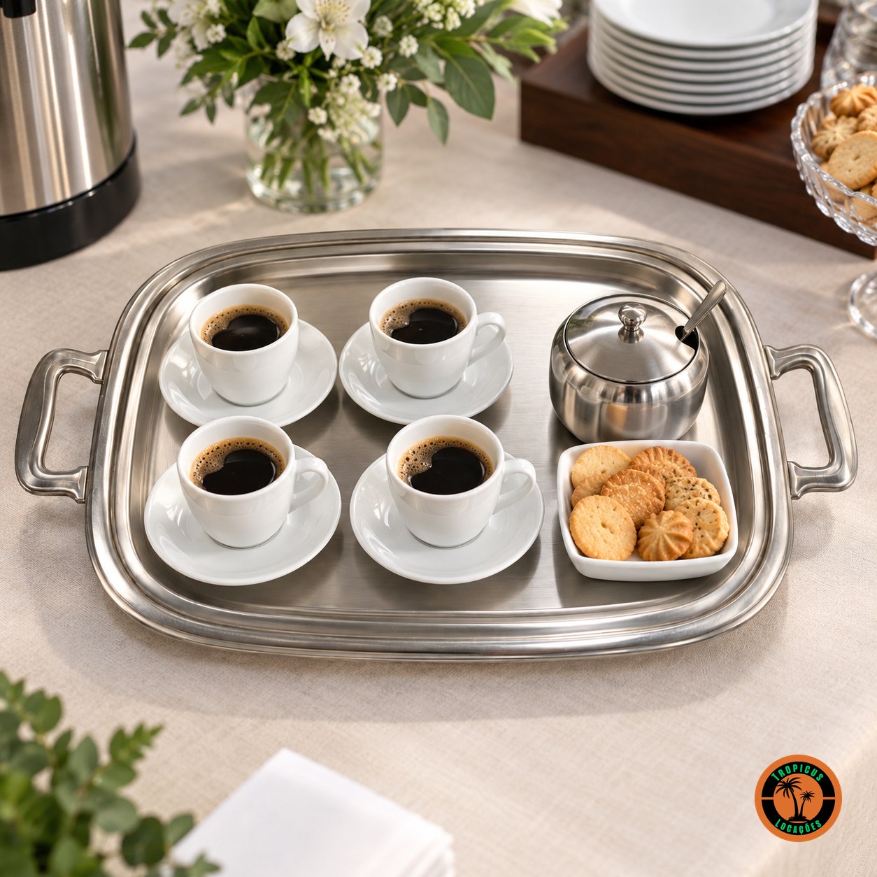 Bandeja retangular de inox com xícaras de café e biscoitos