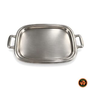 Bandeja retangular de inox escovado com alças laterais, fundo branco