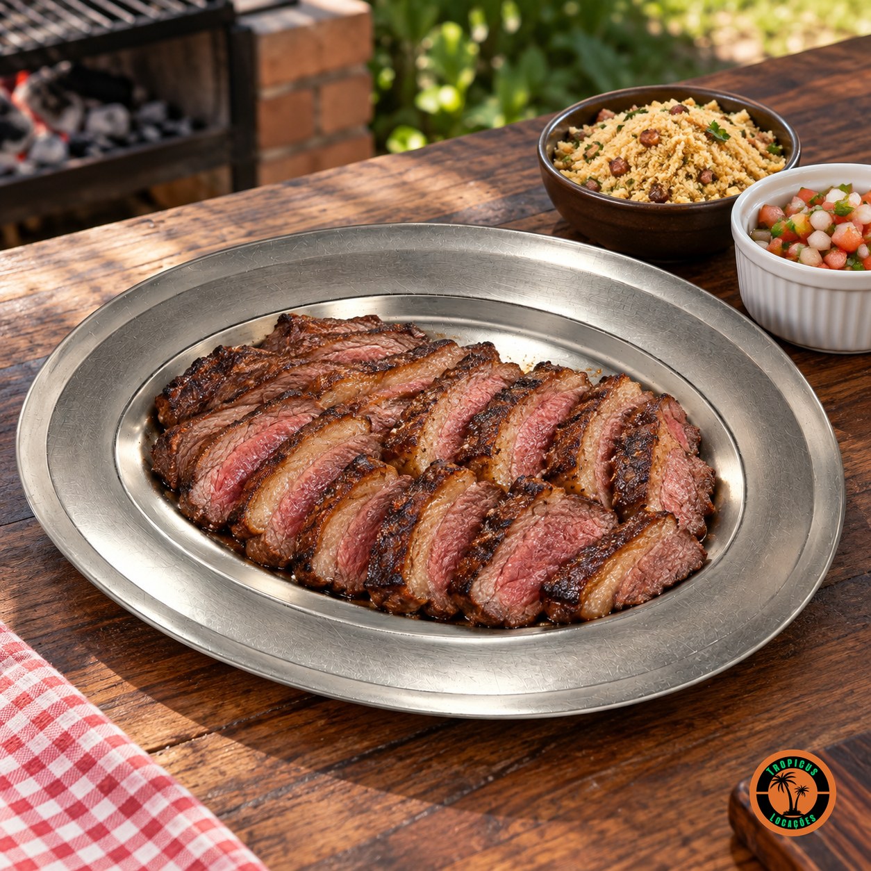 Picanha fatiada na travessa oval de inox em mesa de churrasco