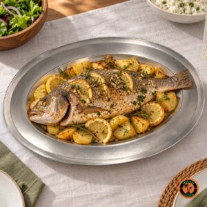 Peixe assado com batatas e limão na travessa oval de inox