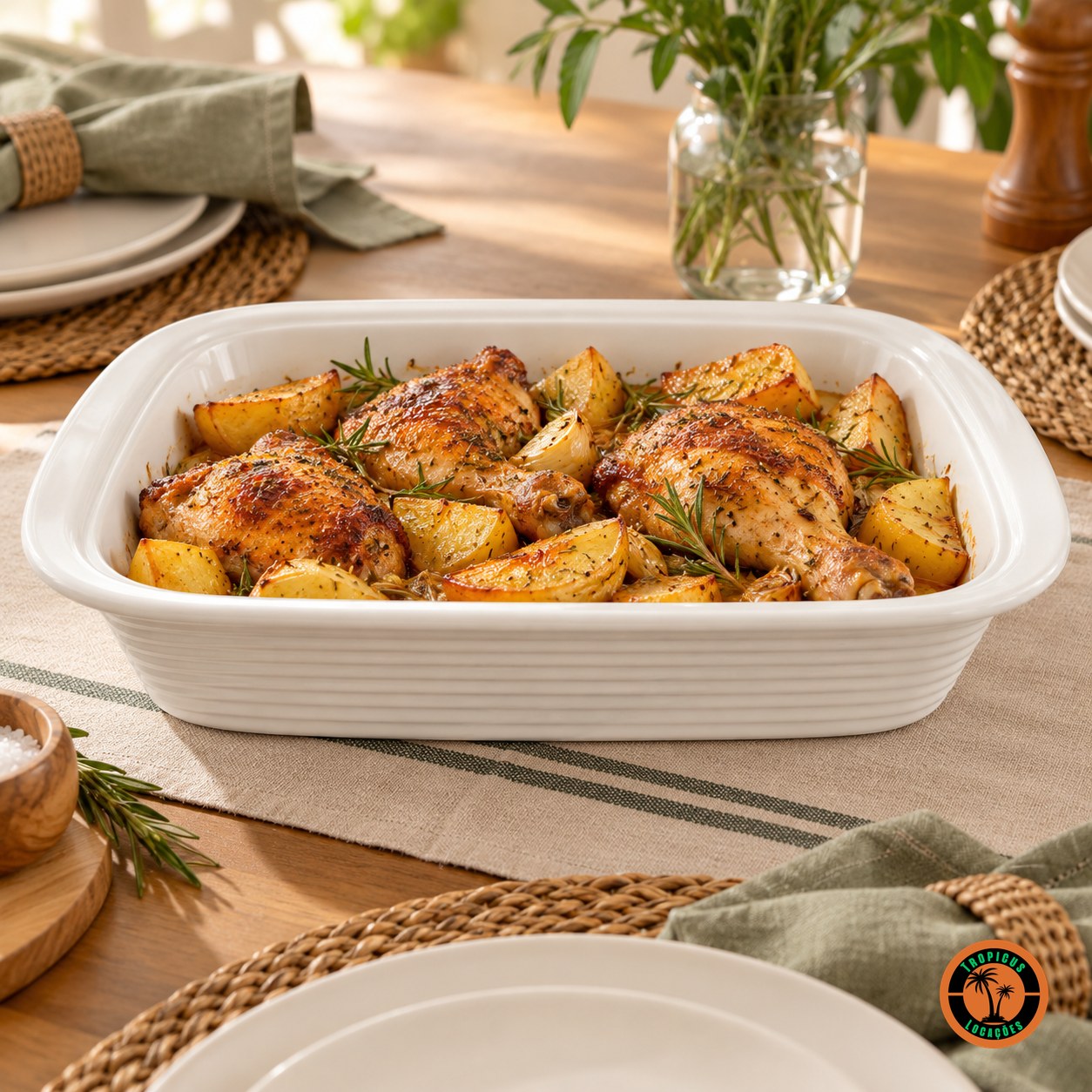 Frango assado com batatas no refratário retangular de louça branca