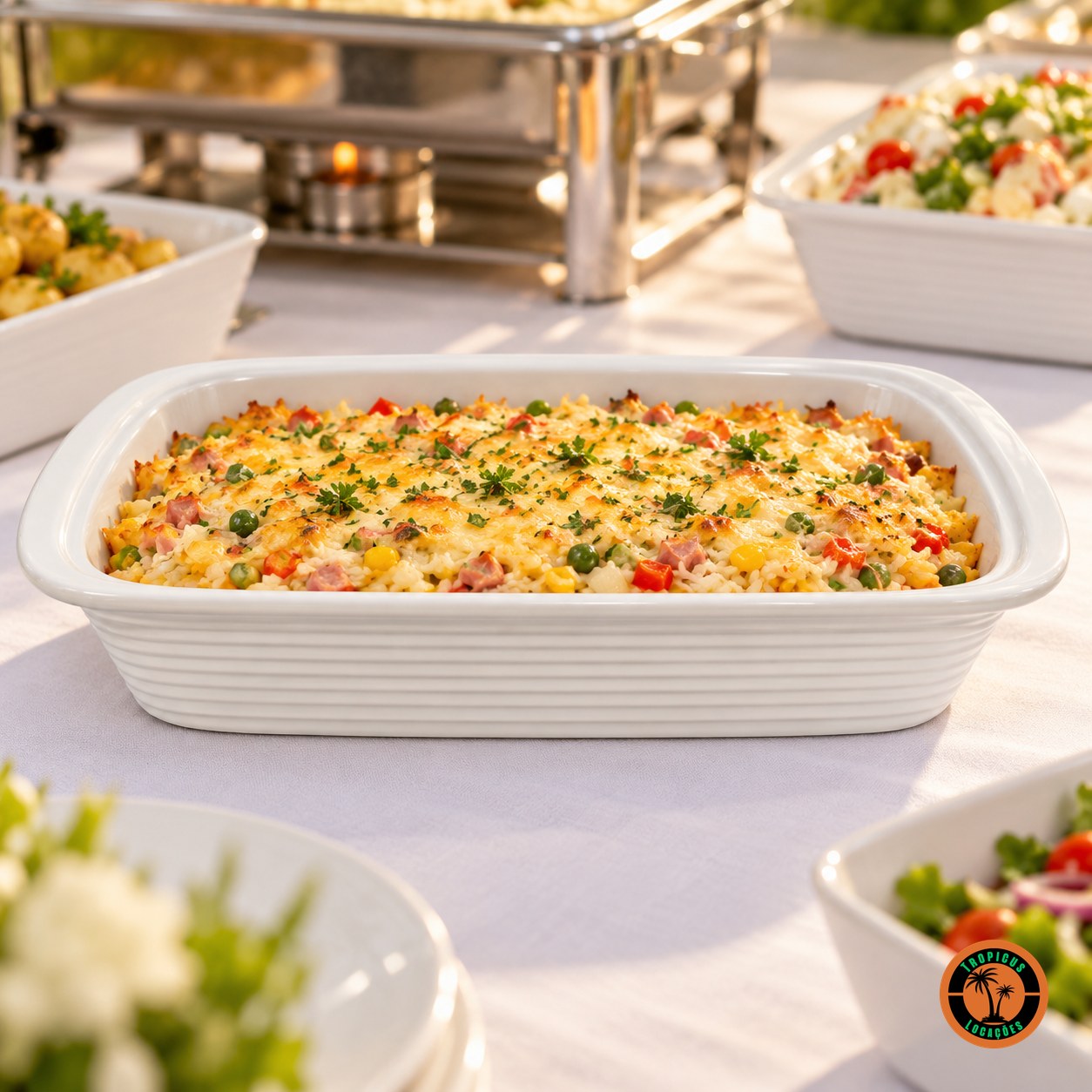 Arroz de forno no refratário retangular de louça branca em mesa de buffet
