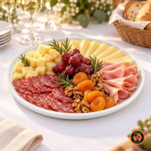 Travessa redonda de louça branca com frios, queijos e frutas em mesa de recepção
