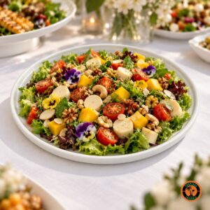 Salada colorida na travessa redonda de louça branca em mesa de buffet