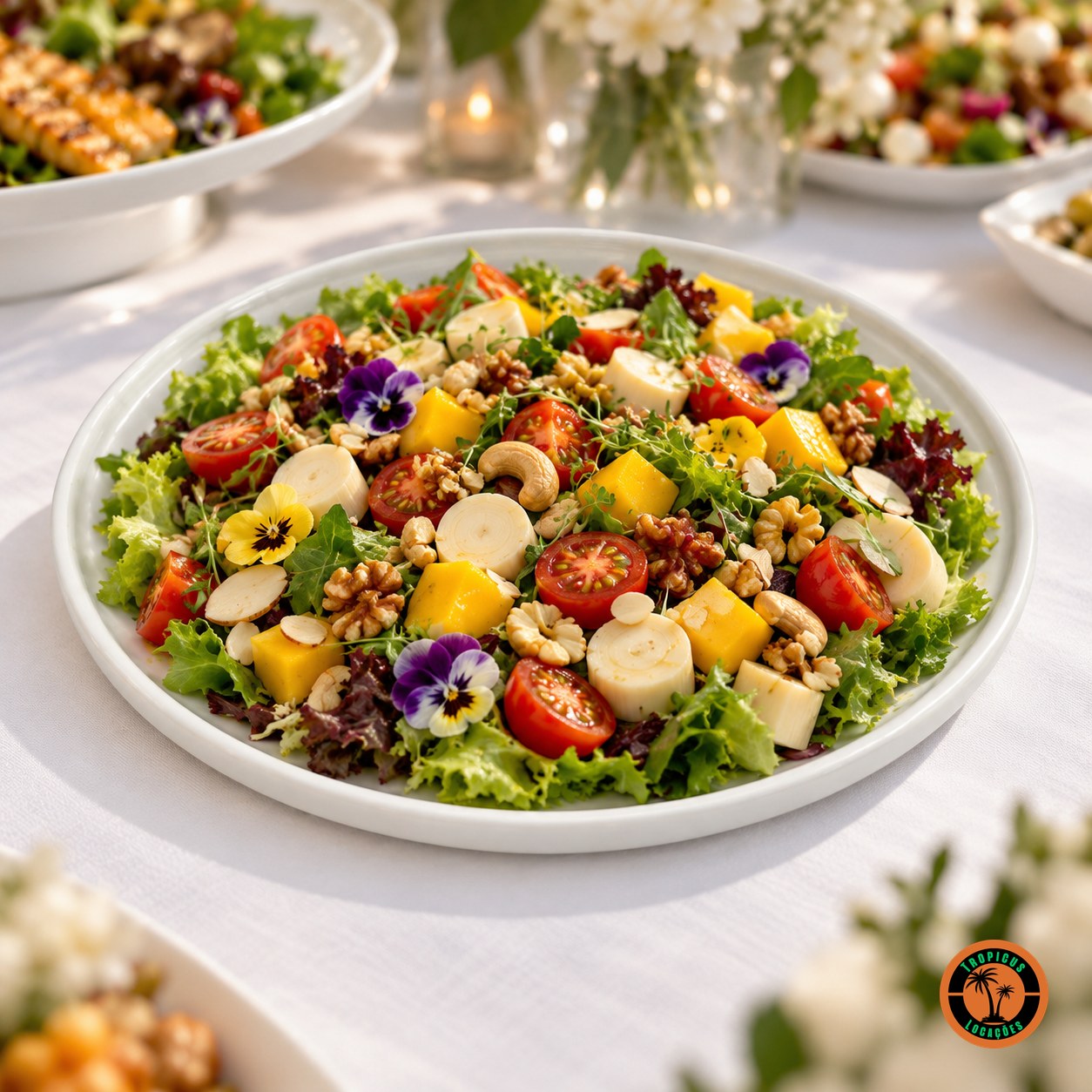 Salada colorida na travessa redonda de louça branca em mesa de buffet