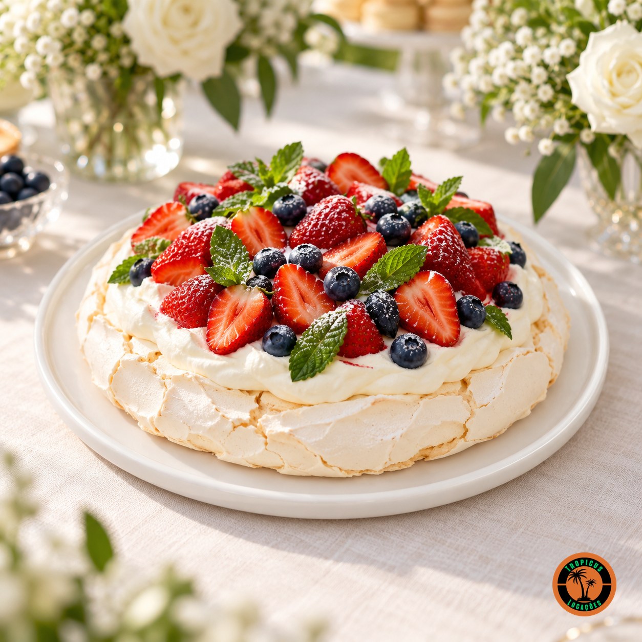 Pavlova de frutas vermelhas na travessa redonda de louça branca