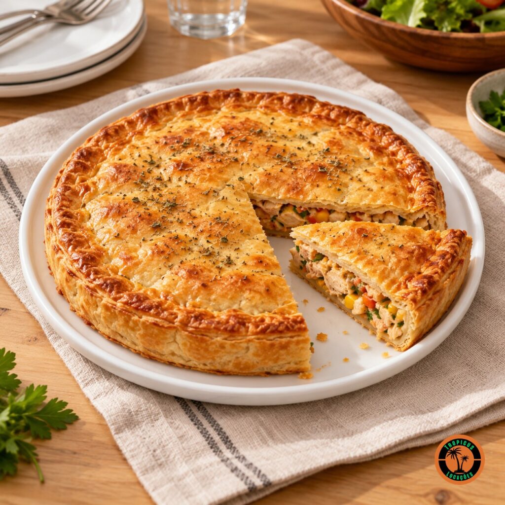 Torta salgada dourada servida na travessa redonda de louça branca