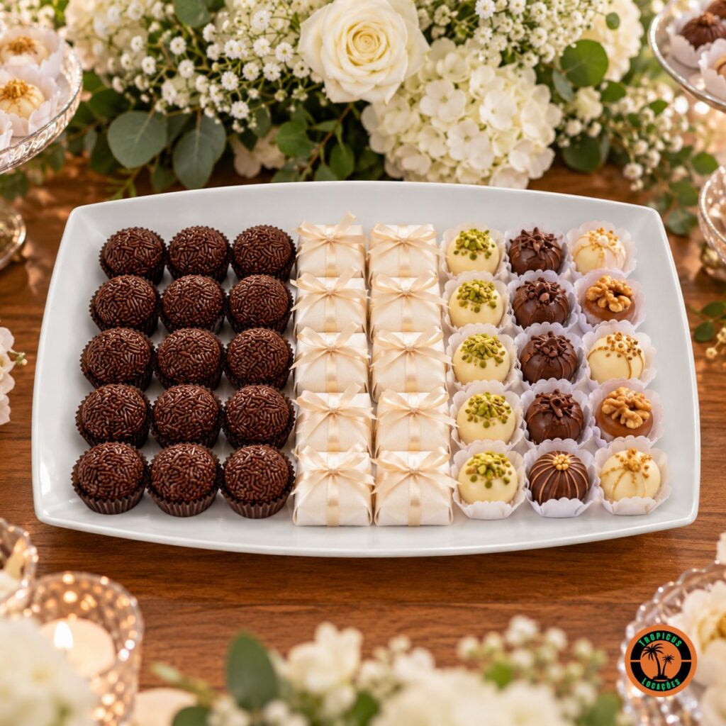 Doces finos e bem-casados na travessa retangular rasa de louça branca