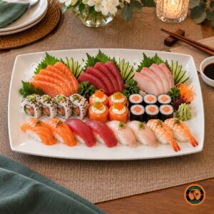 Sushis e sashimis na travessa retangular rasa de louça branca
