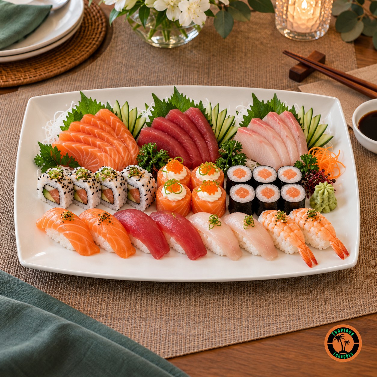 Sushis e sashimis na travessa retangular rasa de louça branca