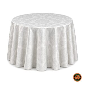 Toalha de mesa redonda adamascada branca de 2,80 m sobre mesa redonda, fundo branco