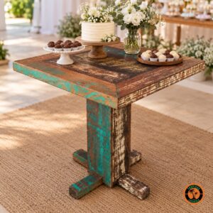 Mesa Alta Quadrada de Demolição como mesa de doces num batizado, com bolo branco, brigadeiros e flores brancas