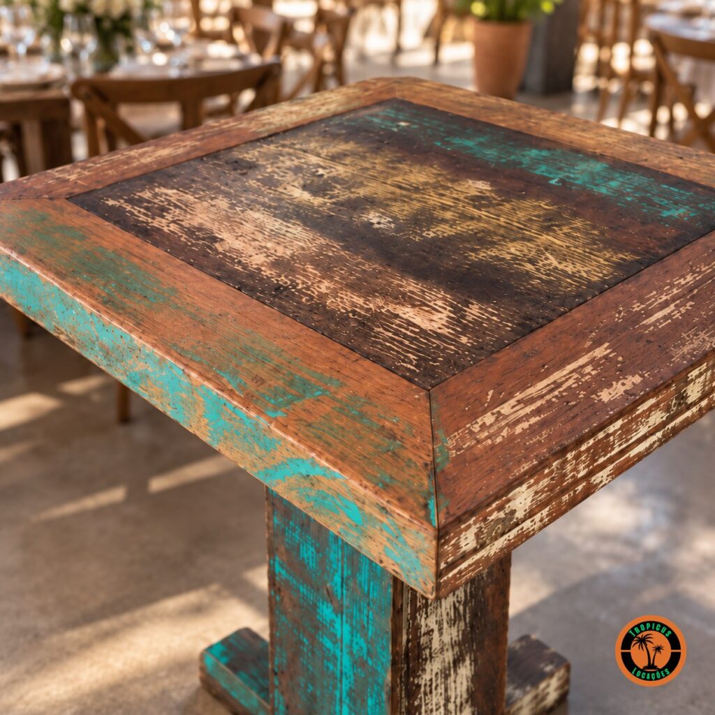 Detalhe do tampo quadrado emoldurado de madeira de demolição, com a pintura turquesa gasta