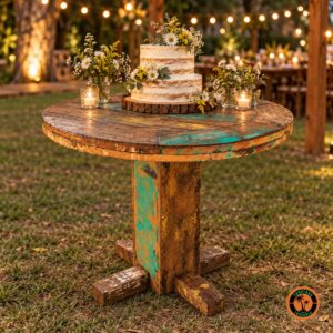 Mesa Alta Redonda de Demolição como mesa de bolo num casamento rústico ao ar livre, com bolo semi-naked e flores do campo