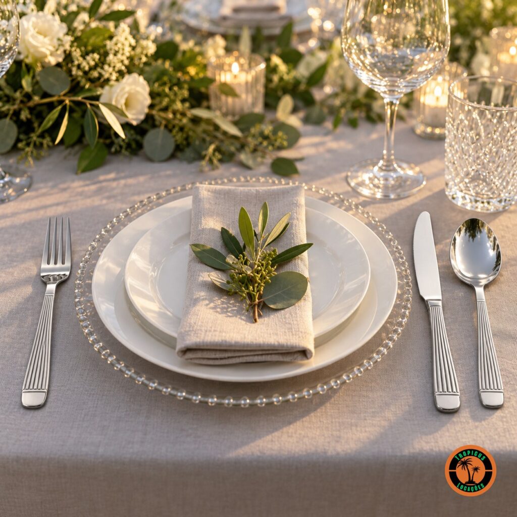 Mesa de casamento com garfo, faca e colher de inox modelo Athenas e sousplat de vidro