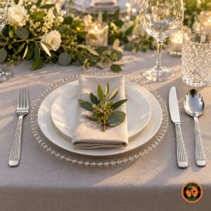 Mesa de casamento com garfo, faca e colher de inox modelo Athenas e sousplat de vidro