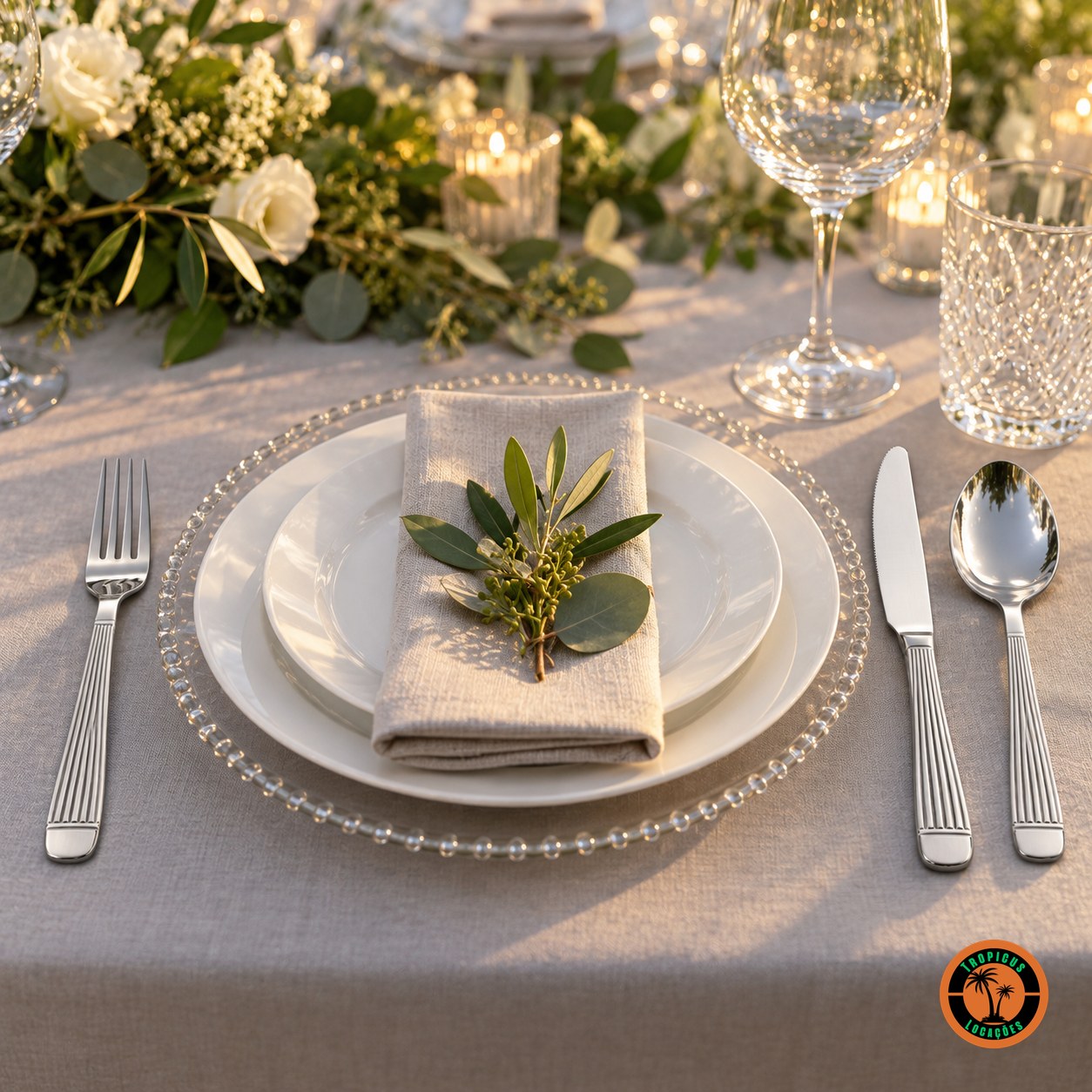 Mesa de casamento com garfo, faca e colher de inox modelo Athenas e sousplat de vidro