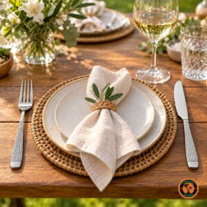 Almoço ao ar livre com garfo e faca de inox modelo Athenas numa mesa de madeira