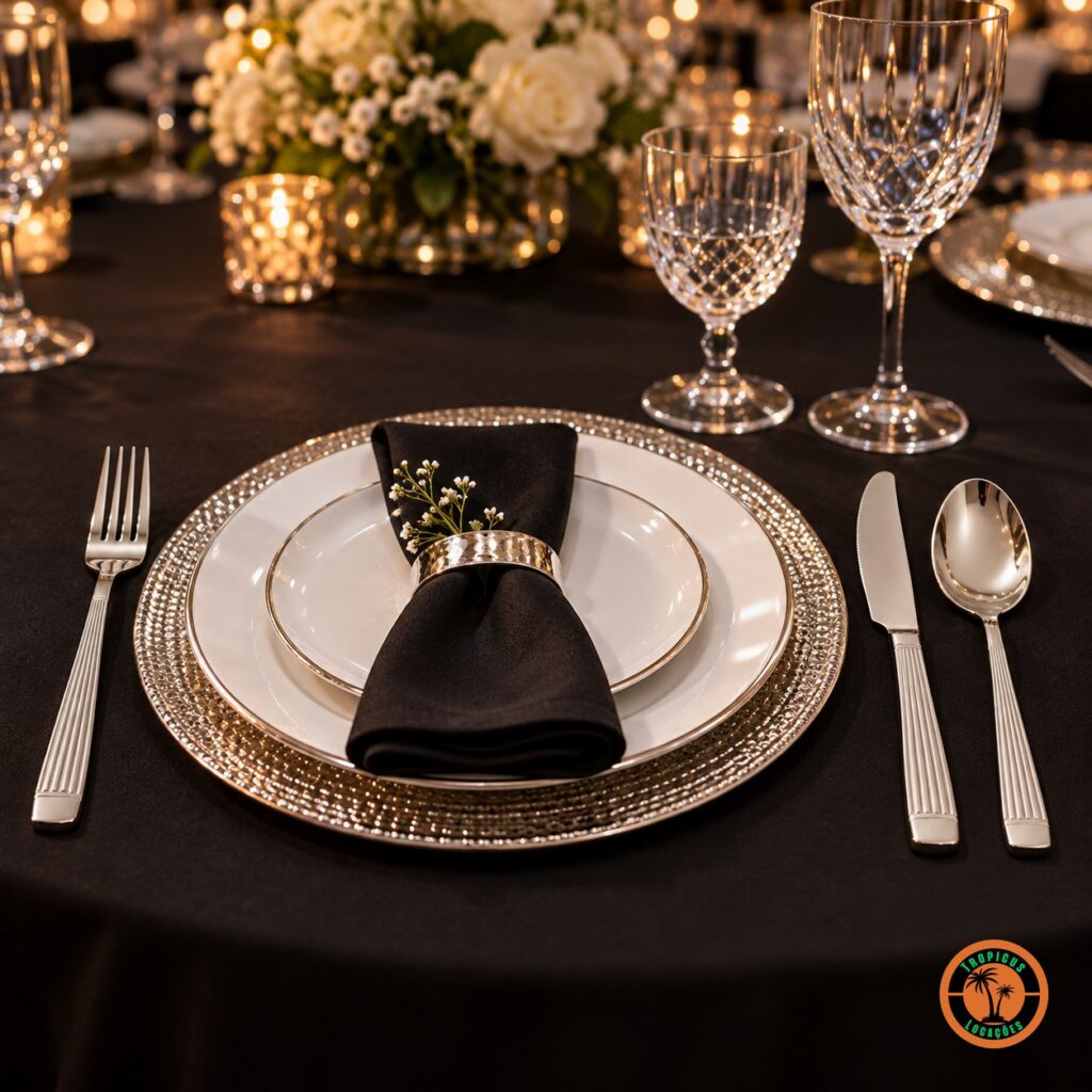 Jantar de formatura com talheres de inox modelo Athenas sobre toalha preta