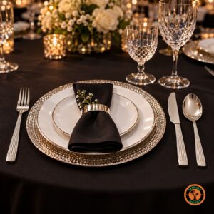 Jantar de formatura com talheres de inox modelo Athenas sobre toalha preta