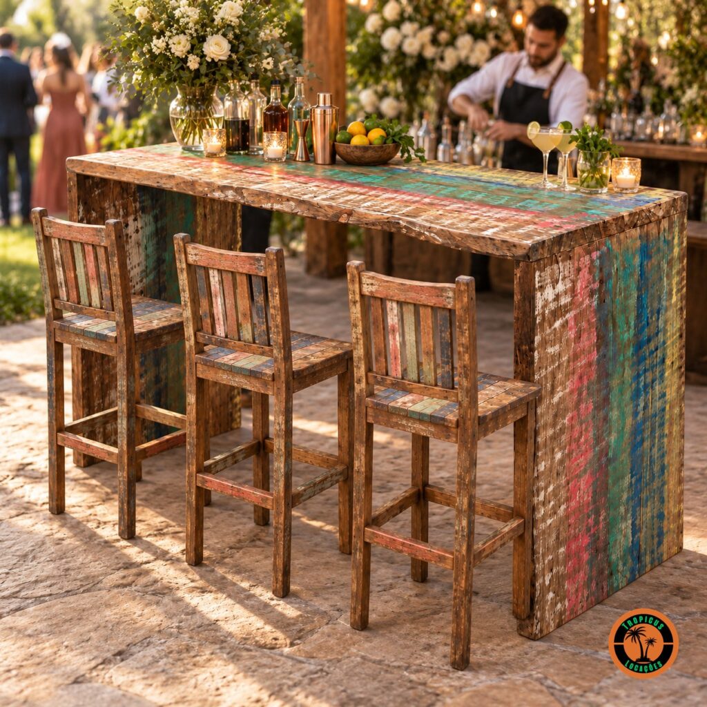 Balcão de Demolição como bar de drinques num casamento ao ar livre, com três banquetas de demolição na frente
