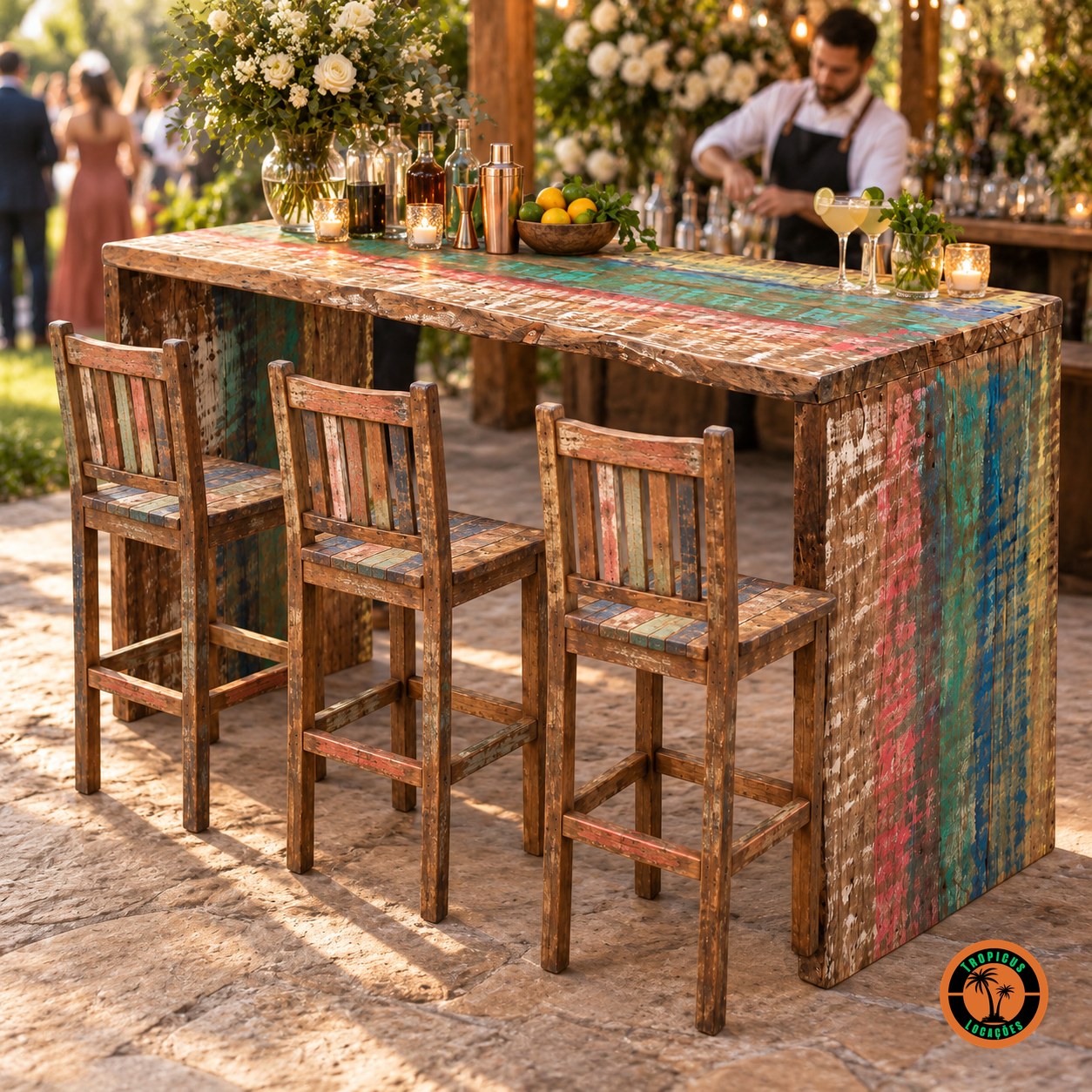 Balcão de Demolição como bar de drinques num casamento ao ar livre, com três banquetas de demolição na frente